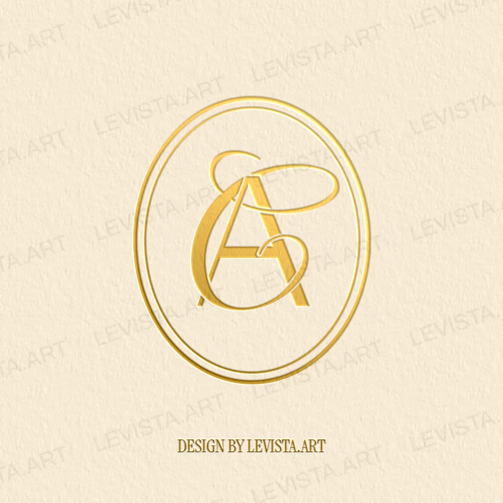 Gold AC & CA wedding monogram logo for elegant stationery, décor and branding