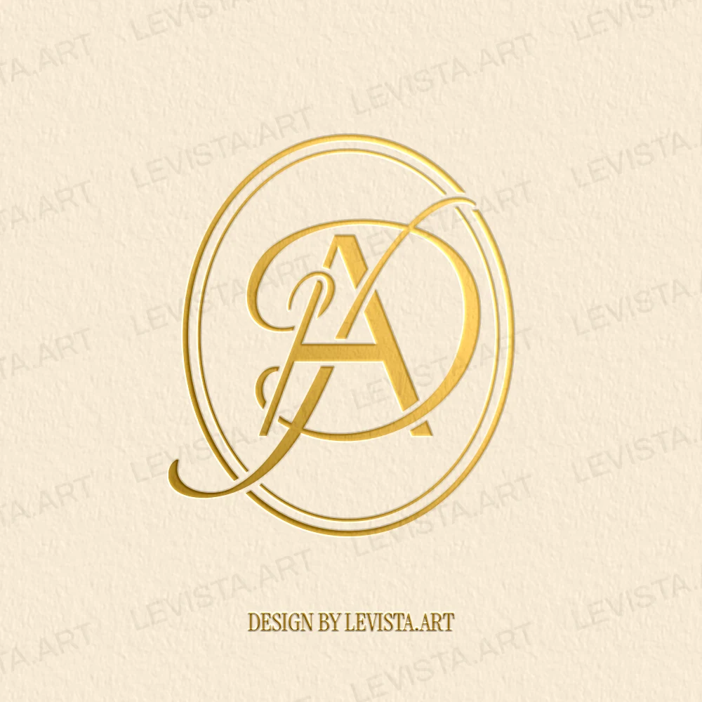 Gold AD & DA Monogram in frame as interlocking letters for premium wedding stationery and branding