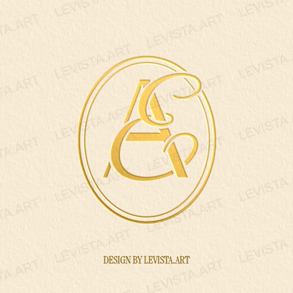 Gold AE & EA Monogram in frame as interlocking letter logo design for premium wedding stationery and luxury branding