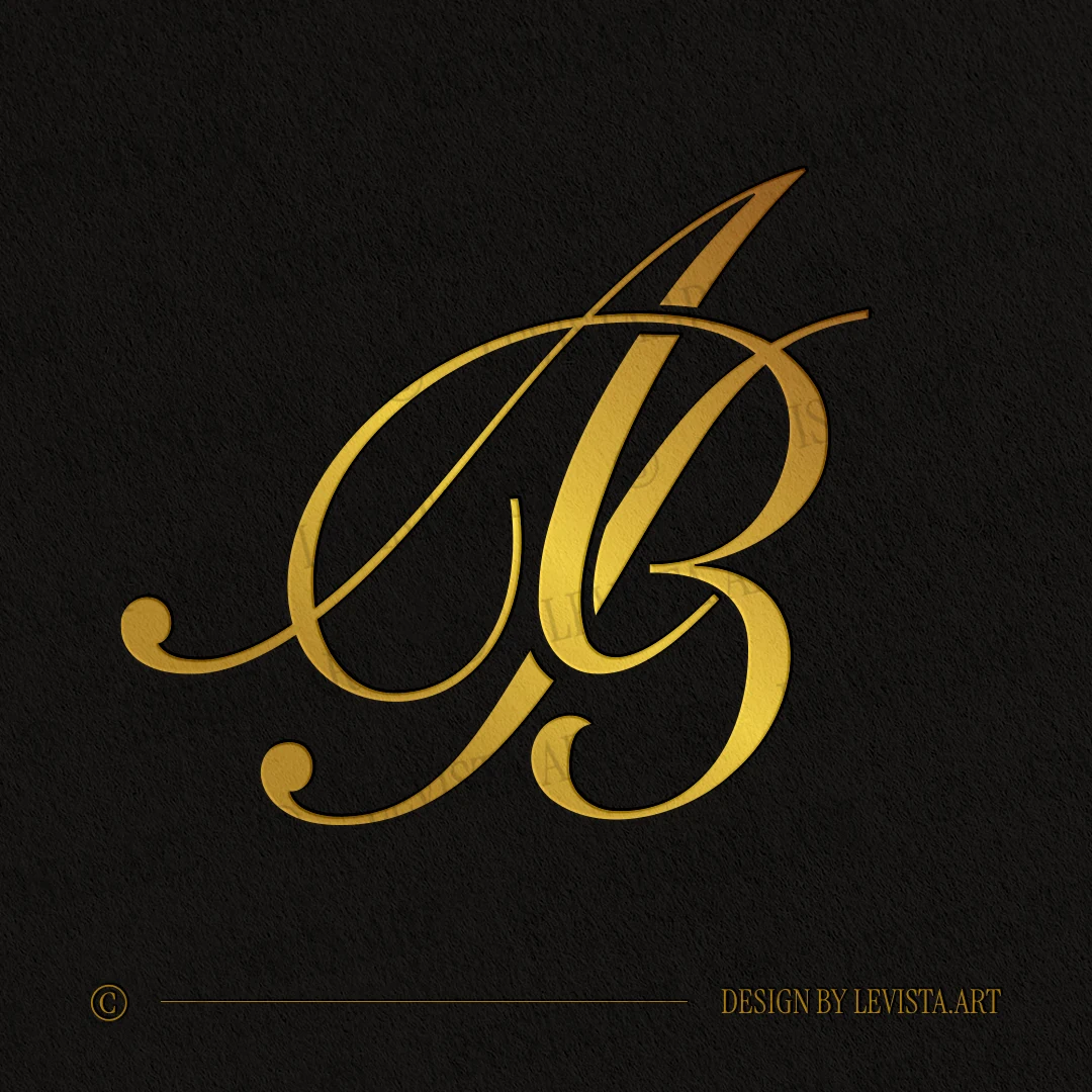 Gold AB & BA monogram as wedding logo design for luxury stationery and premium decor on black background