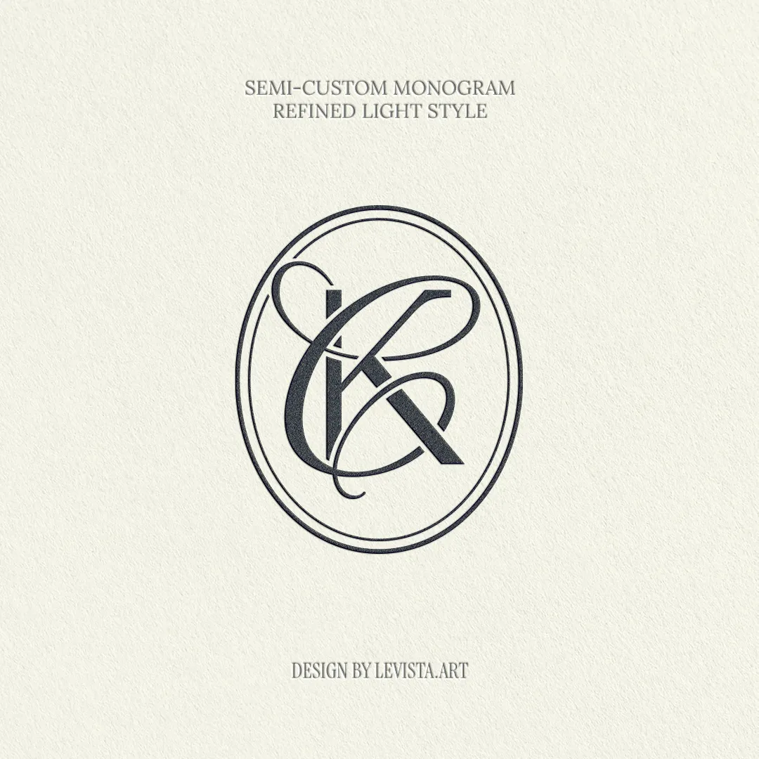 Minimalist semi-custom monogram design on textured paper for wedding branding, Refined Light style aesthetic